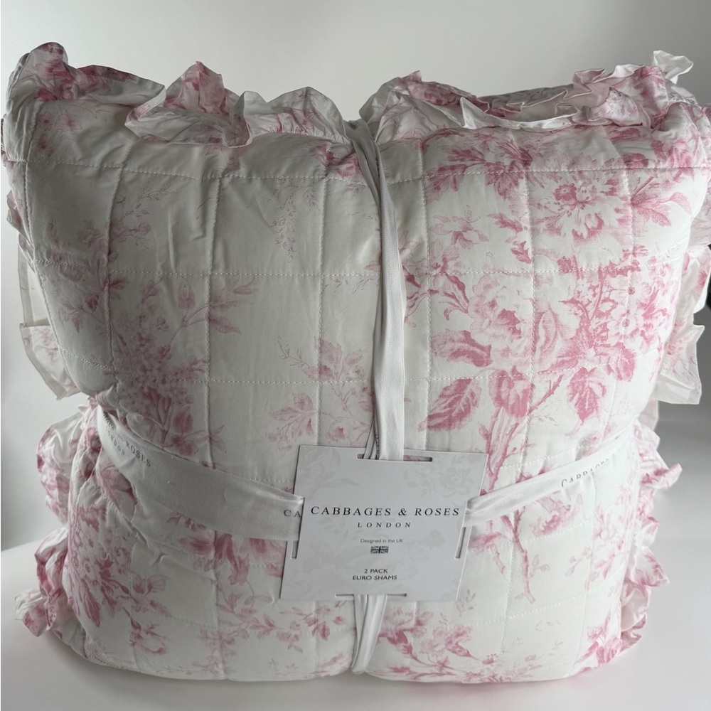2 Elegant Pink Floral Euro Shams Ruffles Cabbages & Roses London ~ Raspberry - Picture 9 of 16
